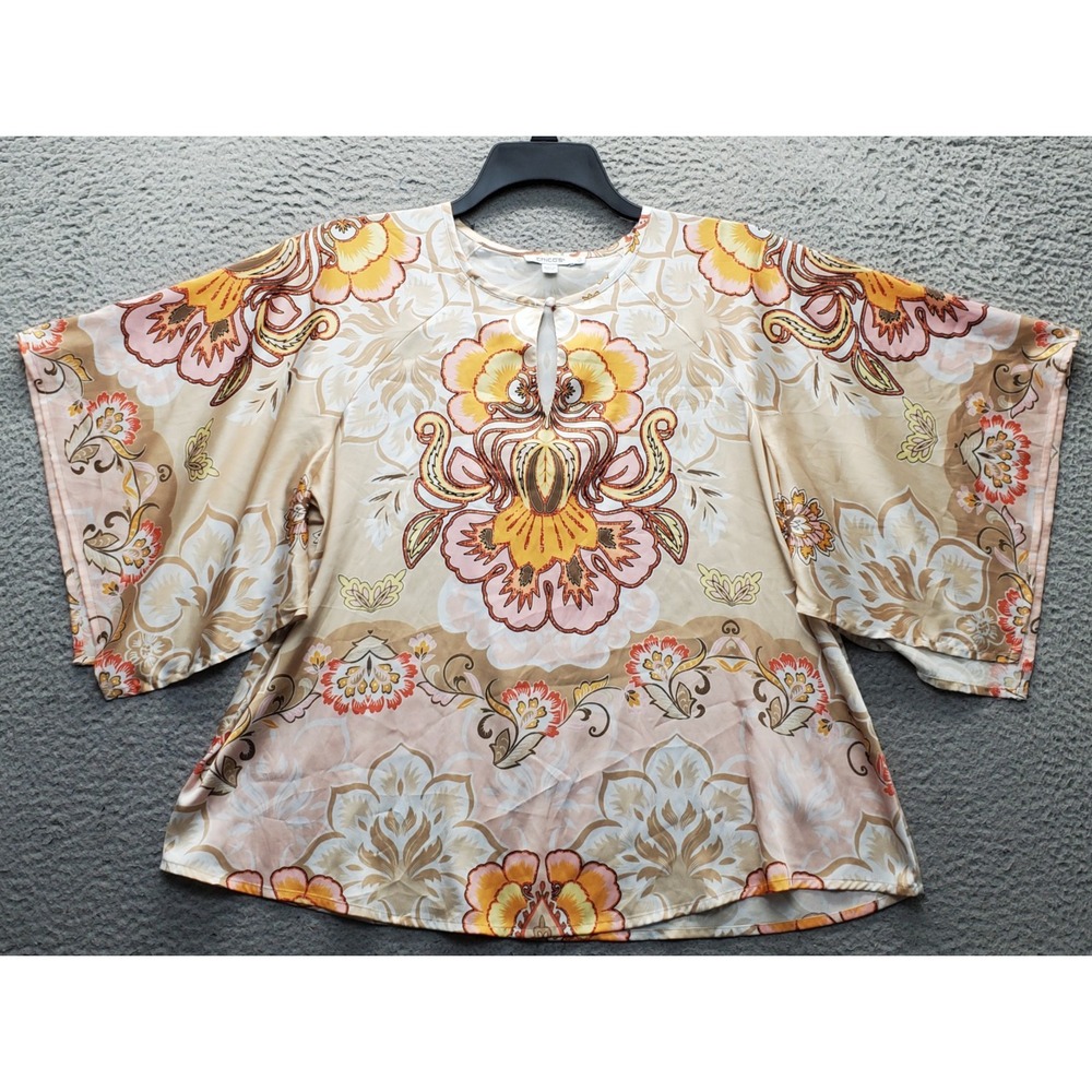 Chico's Blouse Top Womens 8 Multi Floral Kimono Sleeve Keyhole Neck Pullover